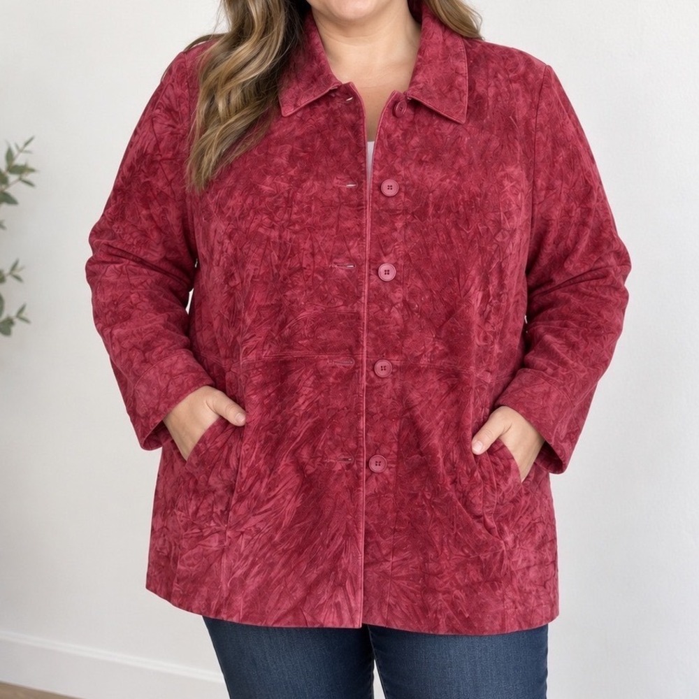 St Johns Bay Washable Suede Leather Jacket Red Vintage Button Front